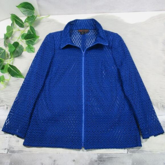 NINA MCLEMORE Blue Floral Eyelet Zip Front Sheer Jacket Women’s Size Small - Picture 6 of 13